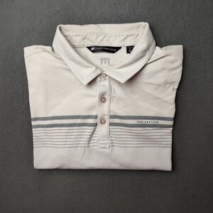 Travis Mathew Polo Shirt Mens Large White Gray Striped Golf Performance READ